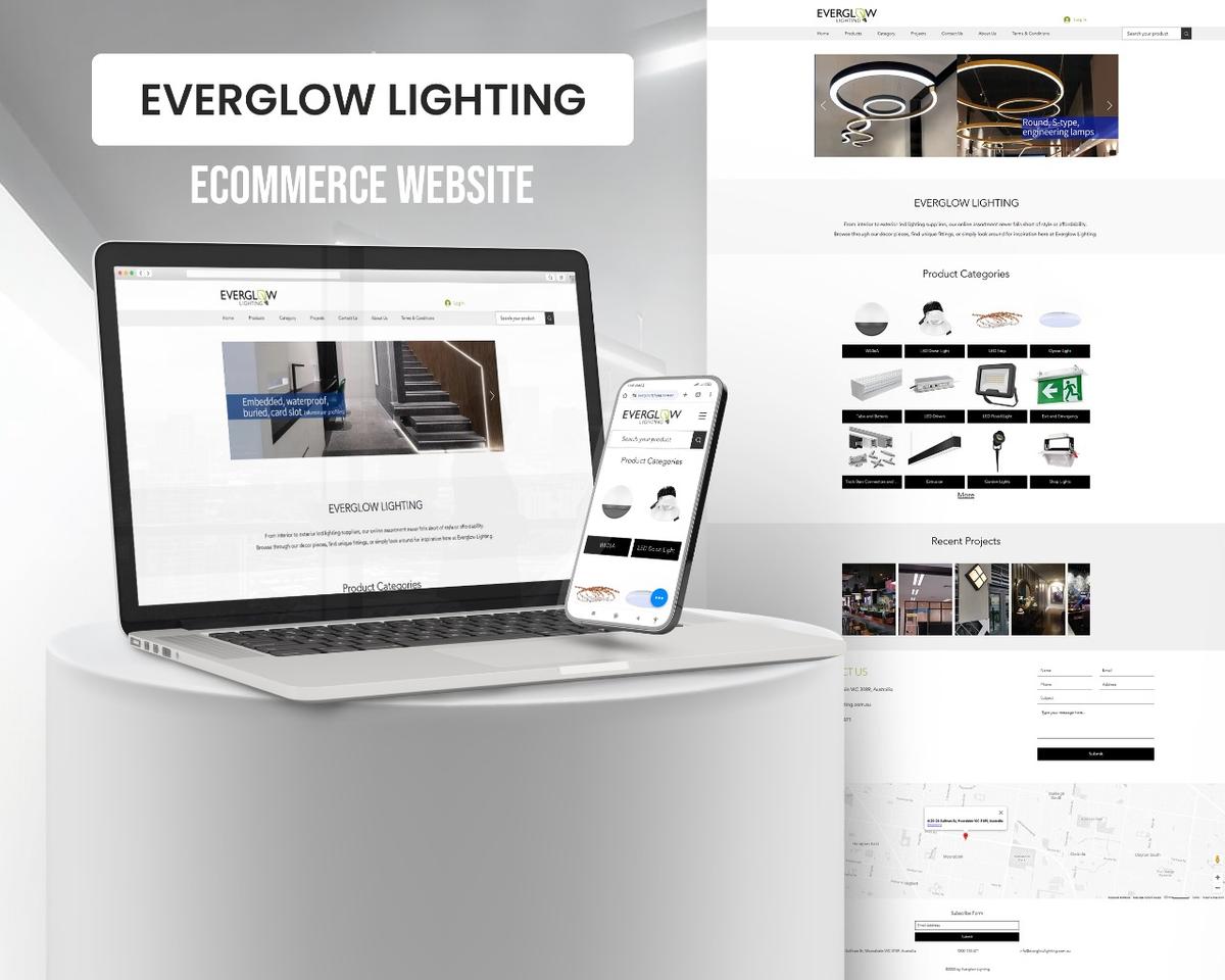 EVERGLOW LIGHTING - Created an e-commerce platform for a premium lighting solutions provider, featuring an extensive product catalog and streamlined purchasing process.